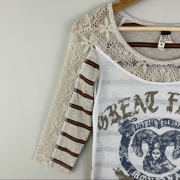 FREE PEOPLE Creme Ivory Eyelet Lace Trim Great Falls Montana Ram Graphic Top - Picture 4 of 10